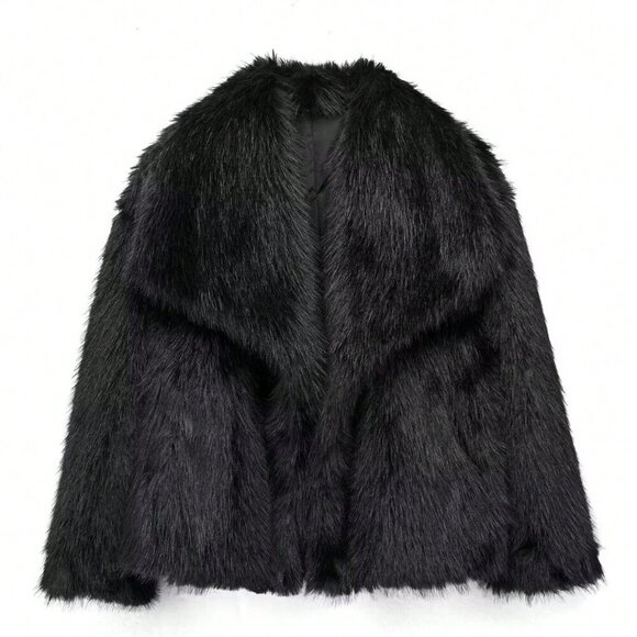 Black Preppy Women's Casual Luxury Faux Fur Coat - Picture 6 of 7